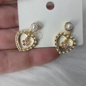 Gold and Pink Heart Pearl Earrings